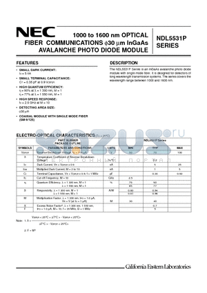 NDL5531P datasheet - 1000 to 1600 nm OPTICAL FIBER COMMUNICATIONS 30um InGaAs AVALANCHE PHOTO DIODE MODULE