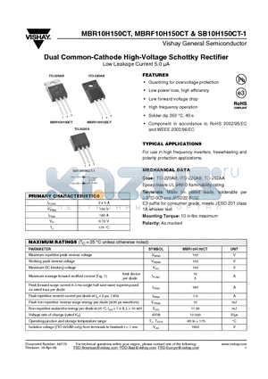 MBR10H150CT-E3/45 datasheet - Dual Common-Cathode High-Voltage Schottky Rectifier