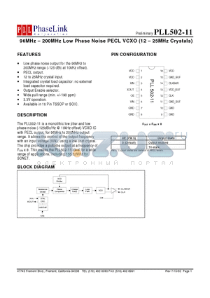PLL502-11SSC datasheet - 96MHz - 200MHz Low Phase Noise PECL VCXO (12 - 25MHz Crystals)