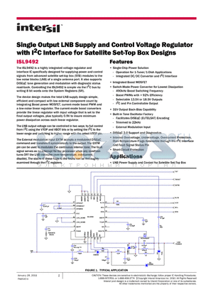 ISL9492 datasheet - Single Output LNB Supply and Control Voltage Regulator with I2C Interface