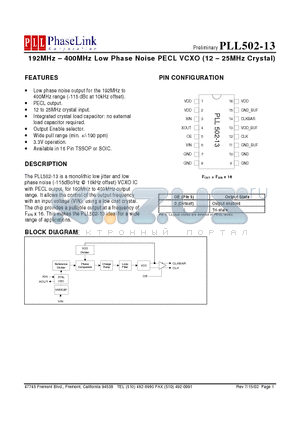 PLL502-13SSI datasheet - 192MHz - 400MHz Low Phase Noise PECL VCXO (12 - 25MHz Crystal)