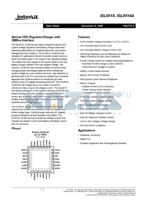 ISL9518HRTZ datasheet - Narrow VDC Regulator/Charger with SMBus Interface