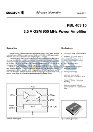 PBL40310 datasheet - 3.5 V GSM 900 MHz Power Amplifier