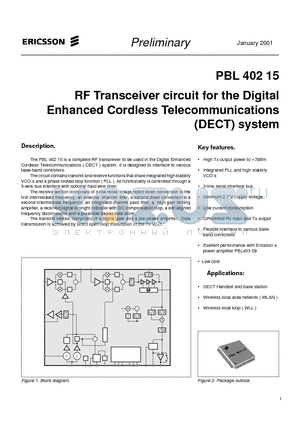 PBL40215 datasheet - RF Transceiver circuit for the Digital Enhanced Cordless Telecommunications (DECT) system