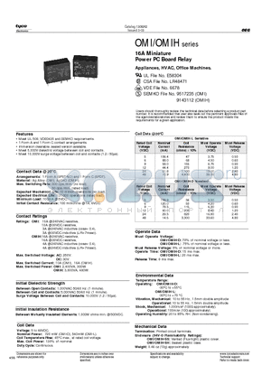 OMIH-SS-109D datasheet - 16A Miniature Power PC Board Relay