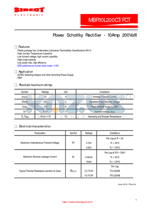 MBR10L200CT datasheet - Power Schottky Rectifier - 10Amp 200Volt