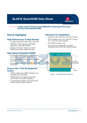 QL4016-2PF100I datasheet - 16,000 Usable PLD Gate QuickRAM ESP Combining Performance, Density and Embedded RAM