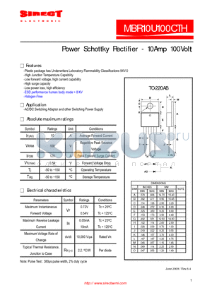 MBR10U100CTH datasheet - Power Schottky Rectifier - 10Amp 100Volt