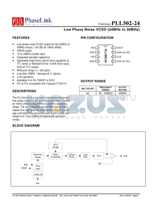 PLL502-24XSI datasheet - Low Phase Noise VCXO (24MHz to 50MHz)
