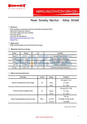 MBR10U150CTH datasheet - Power Schottky Rectifier - 10Amp 150Volt