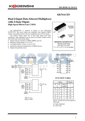 KK74AC253 datasheet - Dual 4-Input Data Selector/Multiplexer with 3-State Otputs High-Speed Silicon-Gate CMOS