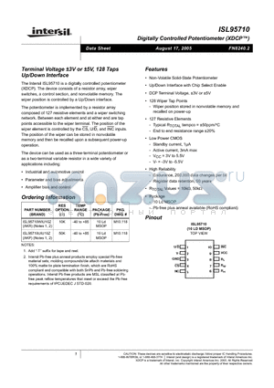 ISL95710WIU10Z-T datasheet - Terminal Voltage 3V or 5V, 128 Taps Up/Down Interface