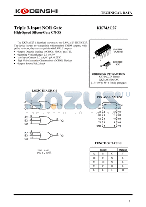 KK74AC27N datasheet - Triple 3-Input NOR Gate High-Speed Silicon-Gate CMOS