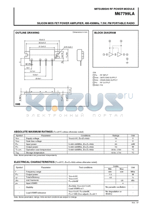 M67799LA datasheet - SILICON MOS FET POWER AMPLIFIER, 400-430MHz, 7.5W, FM PORTABLE RADIO