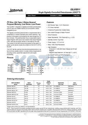 ISL95811UFRTZ datasheet - Single Digitally Controlled Potentiometer (XDCP)