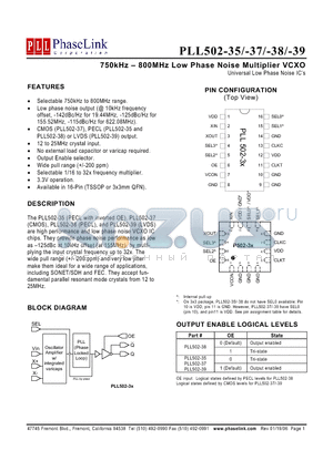 PLL502-39OCL datasheet - 750kHz - 800MHz Low Phase Noise Multiplier VCXO