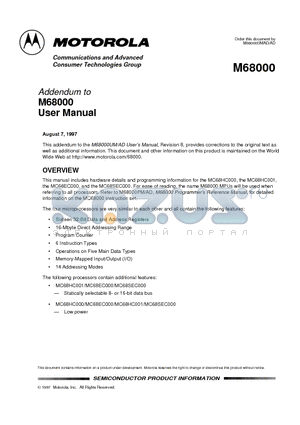 M68000AD datasheet - M68000 USERS MANUAL ADDENDUM