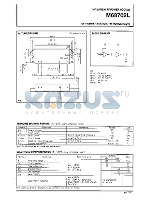 M68702L datasheet - 135-160MHz, 12.5V, 60W, FM MOBILE RADIO