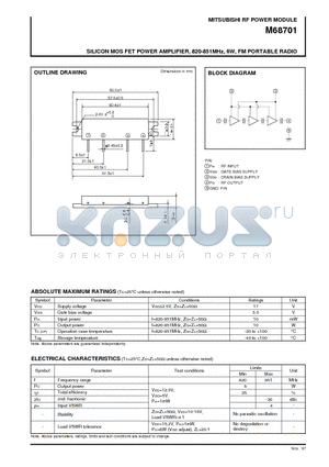 M68701 datasheet - SILICON MOS FET POWER AMPLIFIER, 820-851MHz, 6W, FM PORTABLE RADIO