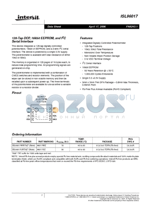 ISL96017_06 datasheet - 128-Tap DCP, 16kbit EEPROM, and I2C Serial Interface