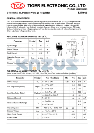LM7905 datasheet - 3-Terminal 1A Positive Voltage Regulator