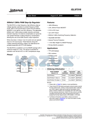 ISL97516 datasheet - 600kHz/1.2MHz PWM Step-Up Regulator