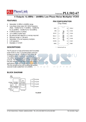PLL502-67SQC datasheet - 4 Outputs 12.5MHz - 200MHz Low Phase Noise Multiplier VCXO
