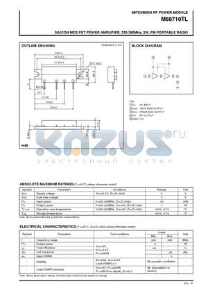 M68710TL datasheet - SILICON MOS FET POWER AMPLIFIER, 330-360MHz, 2W, FM PORTABLE RADIO