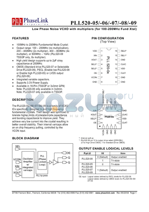 PLL520-05 datasheet - Low Phase Noise VCXO with multipliers (for 100-200MHz Fund Xtal)