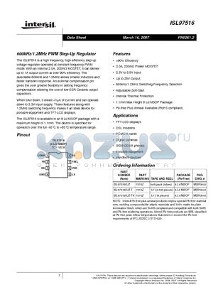 ISL97516IUZ datasheet - 600kHz/1.2MHz PWM Step-Up Regulator