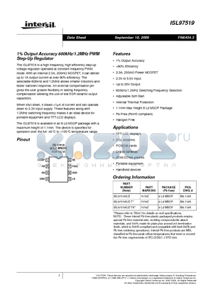 ISL97519 datasheet - 1% Output Accuracy 600kHz/1.2MHz PWM Step-Up Regulator