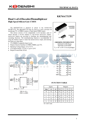 KK74ACT139D datasheet - Dual 1-of-4 Decoder/Demultiplexer High-Speed Silicon-Gate CMOS