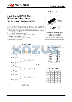 KK74ACT132N datasheet - Quad 2-Input NAND Gate with Schmitt-Trigger Inputs High-Performance Silicon-Gate CMOS