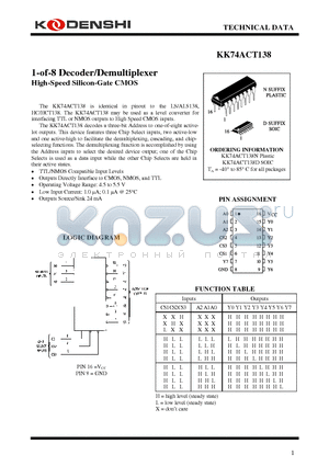 KK74ACT138 datasheet - 1-of-8 Decoder/Demultiplexer High-Speed Silicon-Gate CMOS