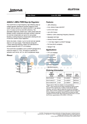 ISL97519AIUZ-T datasheet - 600kHz/1.2MHz PWM Step-Up Regulator