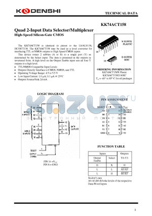 KK74ACT158D datasheet - Quad 2-Input Data Selector/Multiplexer High-Speed Silicon-Gate CMOS