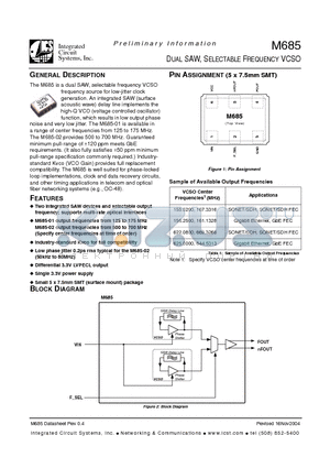 M685 datasheet - DUAL SAW, SELECTABLE FREQUENCY VCSO