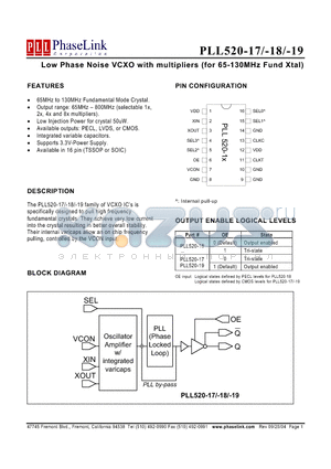 PLL520-17SC datasheet - Low Phase Noise VCXO with multipliers (for 65-130MHz Fund Xtal)