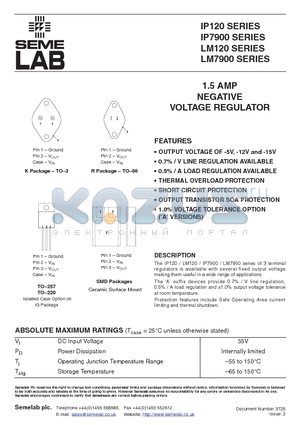 LM7912 datasheet - 1.5 AMP NEGATIVE VOLTAGE REGULATOR