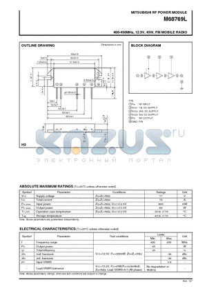 M68769L datasheet - 400-450MHz, 12.5V, 45W, FM MOBILE RADIO