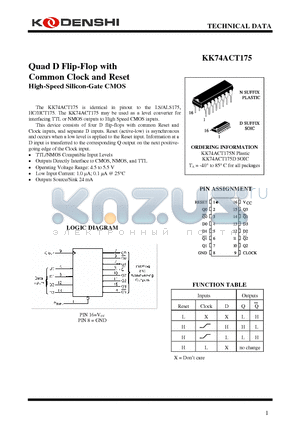KK74ACT175N datasheet - Quad D Flip-Flop with Common Clock and Reset High-Speed Silicon-Gate CMOS