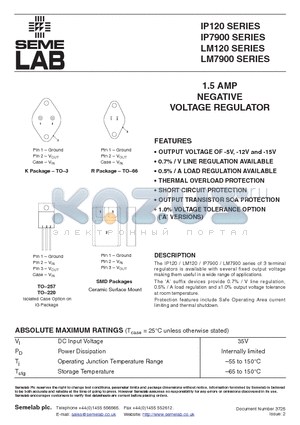 LM7915 datasheet - 1.5 AMP NEGATIVE VOLTAGE REGULATOR