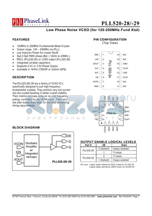 PLL520-28QC datasheet - Low Phase Noise VCXO (for 120-200MHz Fund Xtal)