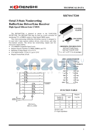 KK74ACT244N datasheet - Octal 3-State Noninverting Buffer/Line Driver/Line Receiver High-Speed Silicon-Gate CMOS