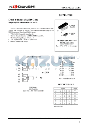 KK74ACT20D datasheet - Dual 4-Input NAND Gate High-Speed Silicon-Gate CMOS