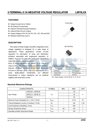 LM79L05 datasheet - 3-TERMINAL 0.1A NEGATIVE VOLTAGE REGULATOR