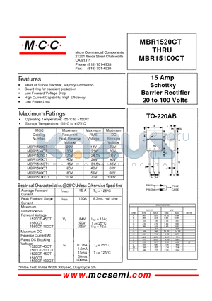 MBR15100CT datasheet - 15 Amp Schottky Barrier Rectifier 20 to 100 Volts