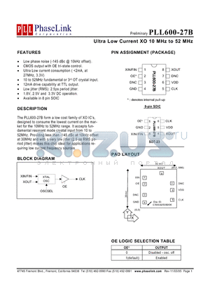 PLL600-27BSCL datasheet - Ultra Low Current XO 10 MHz to 52 MHz