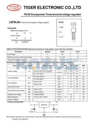 LM79L06 datasheet - TO-92 Encapsulate Three-terminal voltage regulator