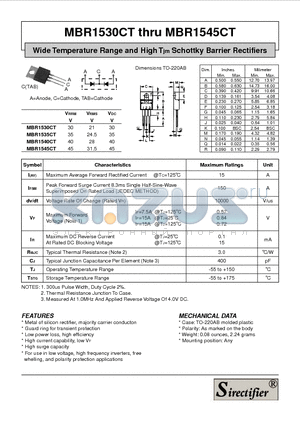 MBR1530CT datasheet - Wide Temperature Range and High Tjm Schottky Barrier Rectifiers